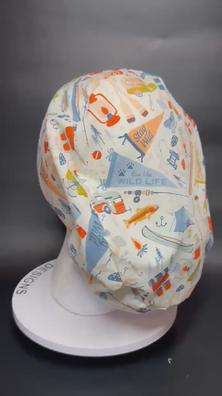 Euro Style Stay Wild Camping Themed scrub hat— satin lining optional with toggle