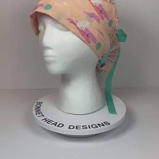 Wolf print womens ponytail scrub cap, peach wolf scrub cap, Bonnet Head Designs