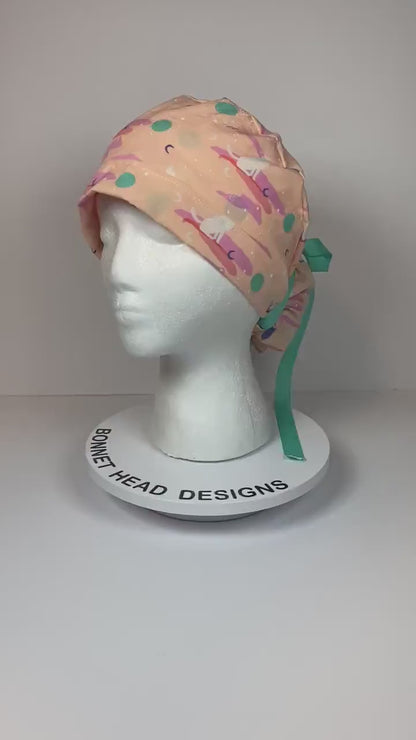 Wolf print womens ponytail scrub cap, peach wolf scrub cap, Bonnet Head Designs