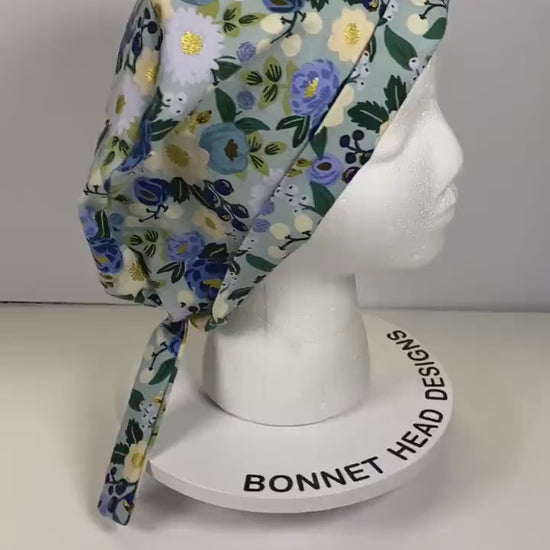 Rifle Paper Co vintage blossoms tie back scrub hat, modern blue floral scrub cap, tie-back scrub hat, Bonnet Head Designs