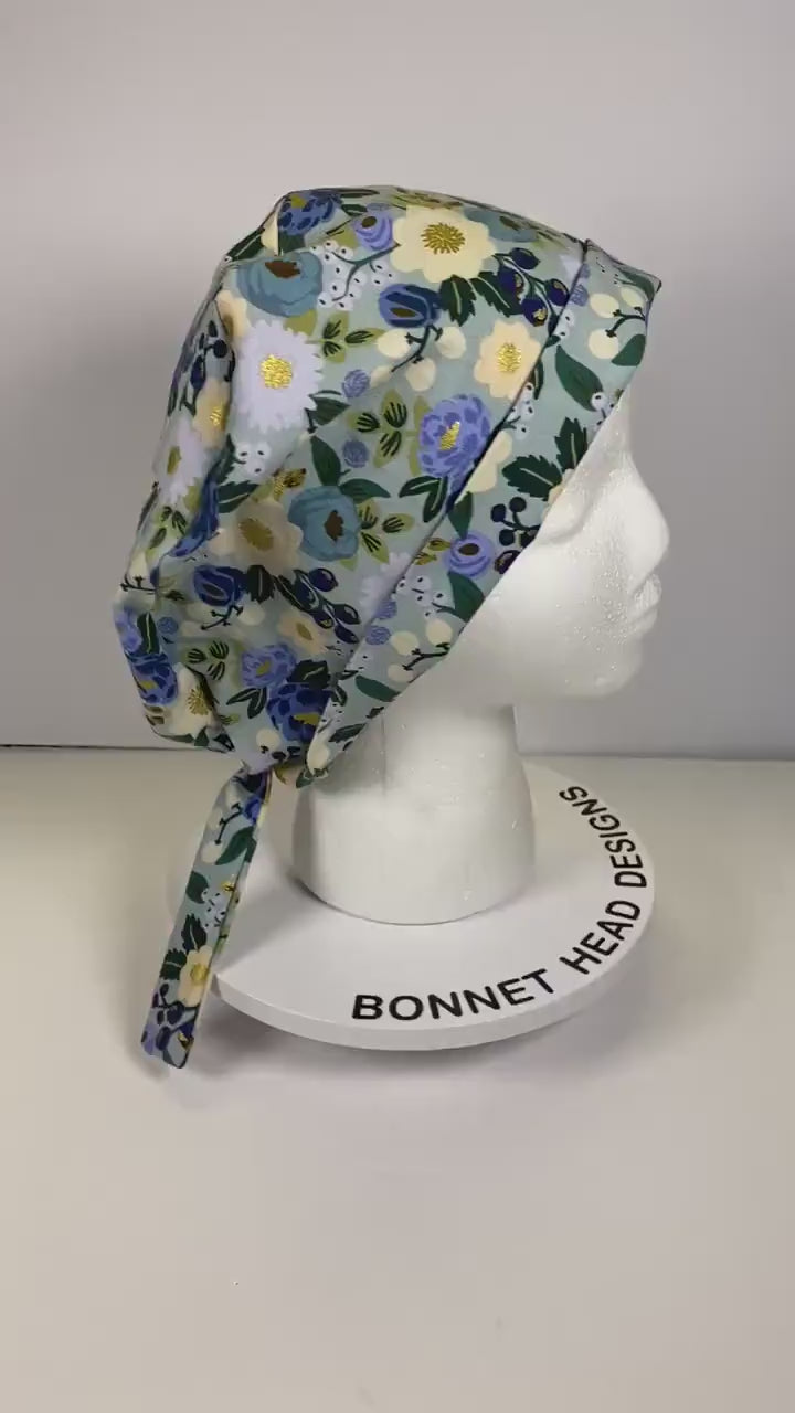 Rifle Paper Co vintage blossoms tie back scrub hat, modern blue floral scrub cap, tie-back scrub hat, Bonnet Head Designs