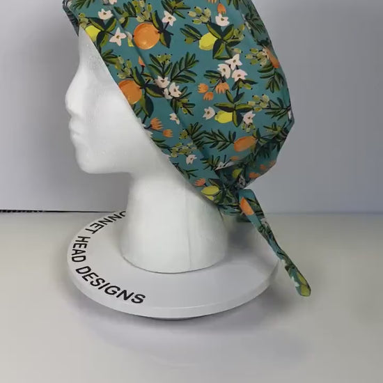 Rifle Paper Co teal floral scrub hat, primavera citrus teal scrub cap, tie back scrub hat, Bonnet Head Designs