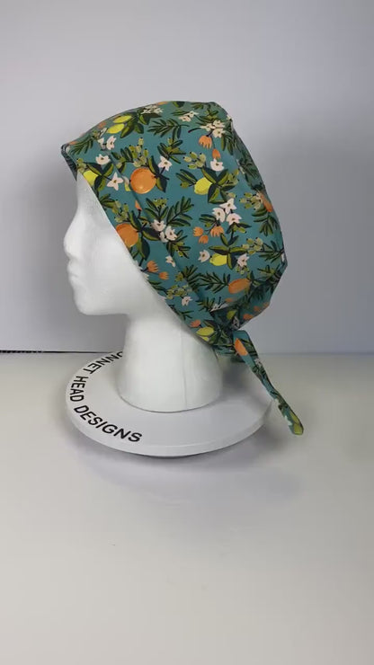 Rifle Paper Co teal floral scrub hat, primavera citrus teal scrub cap, tie back scrub hat, Bonnet Head Designs