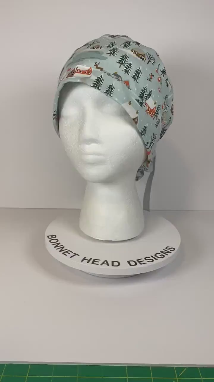 Winter village scrub cap, Rifle Paper fabric scrub hat, Winter women’s scrub hat, Bonnet Head Designs