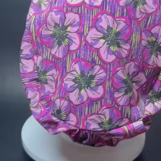 Floral Euro Scrub Cap: Purple flower print nurse hat with toggle