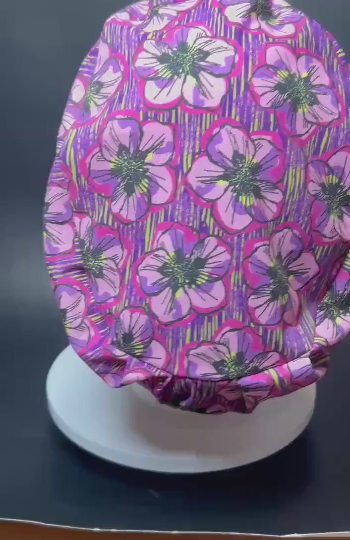 Floral Euro Scrub Cap: Purple flower print nurse hat with toggle