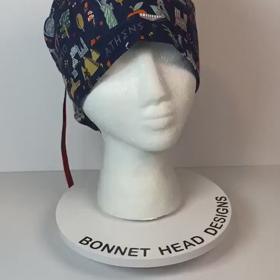 Navy Bon Voyage fabric scrub cap, traveler scrub cap, travel print scrub hat, navy world traveler scrub cap, Bonnet Head Designs