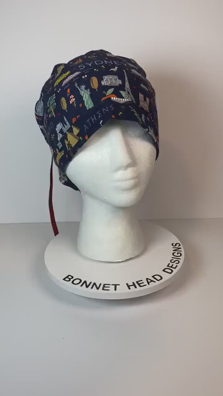 Navy Bon Voyage fabric scrub cap, traveler scrub cap, travel print scrub hat, navy world traveler scrub cap, Bonnet Head Designs