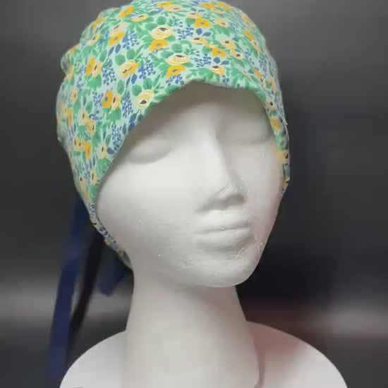 Rifle Paper Co Women’s Floral Scrub Cap: Rosa Mint fabric, Ponytail Style