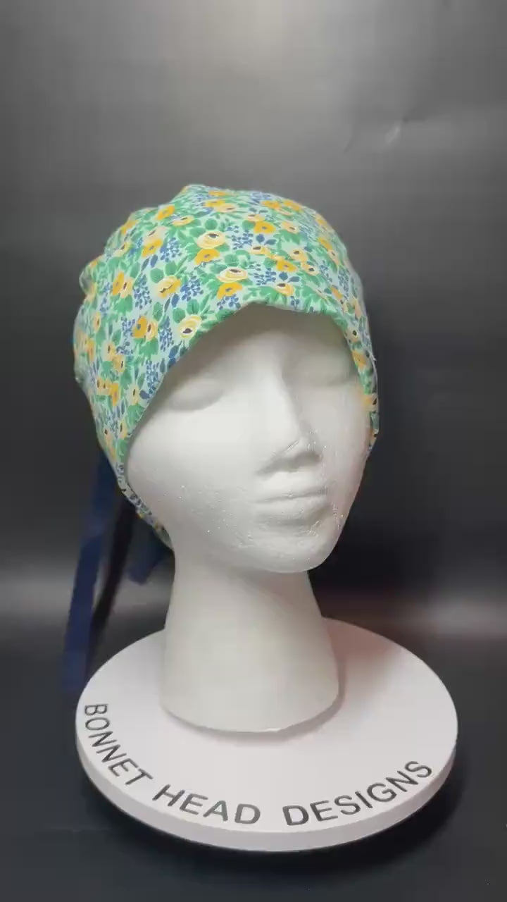 Rifle Paper Co Women’s Floral Scrub Cap: Rosa Mint fabric, Ponytail Style