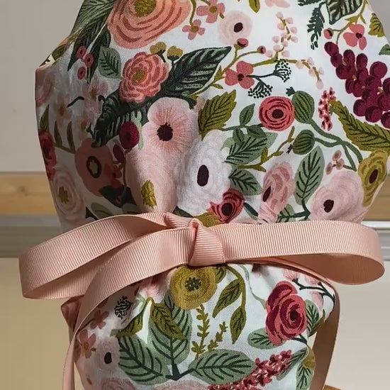 Pink garden party hat, pink floral scrub hat, pink flower ponytail scrub hat, Bonnet Head Designs