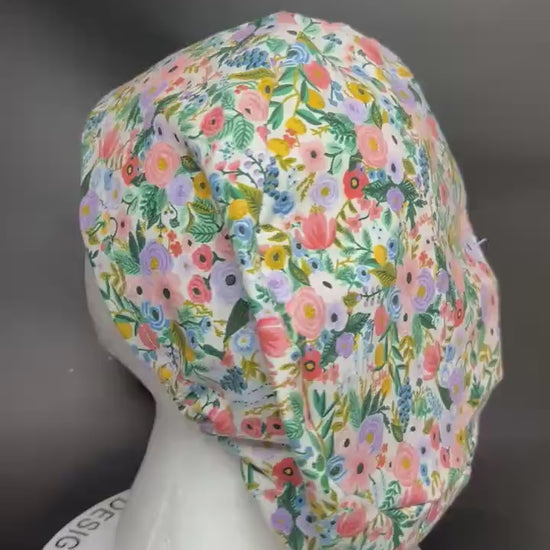 Euro scrub cap in Rifle Paper Co garden party fabric, adjustable toggle scrub hat