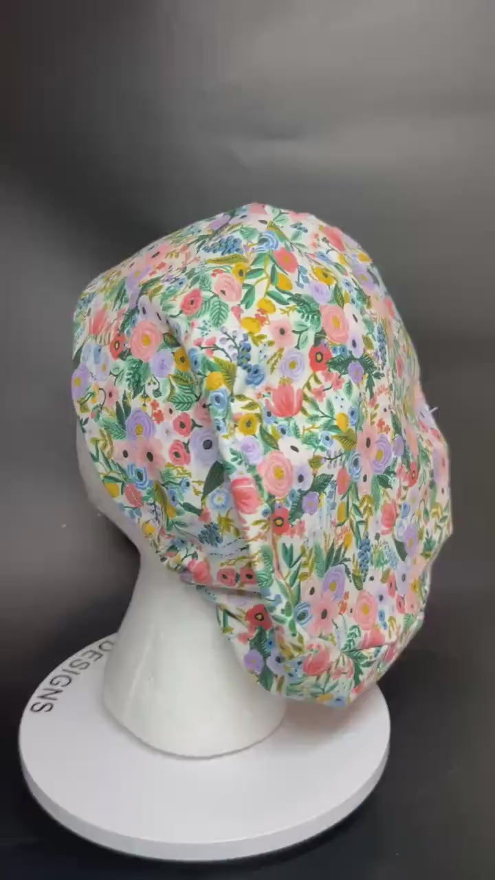 Euro scrub cap in Rifle Paper Co garden party fabric, adjustable toggle scrub hat