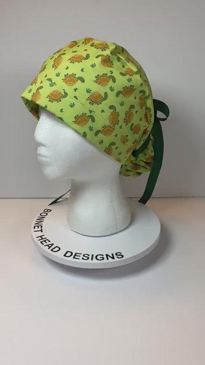 Green tortoise women’s scrub cap, green turtles ponytail scrub hat