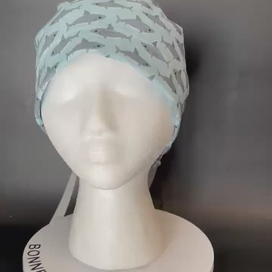 Shark Print Ponytail Scrub Cap- women’s scrub hat with ribbon ties and optional satin lining, nurses week gift