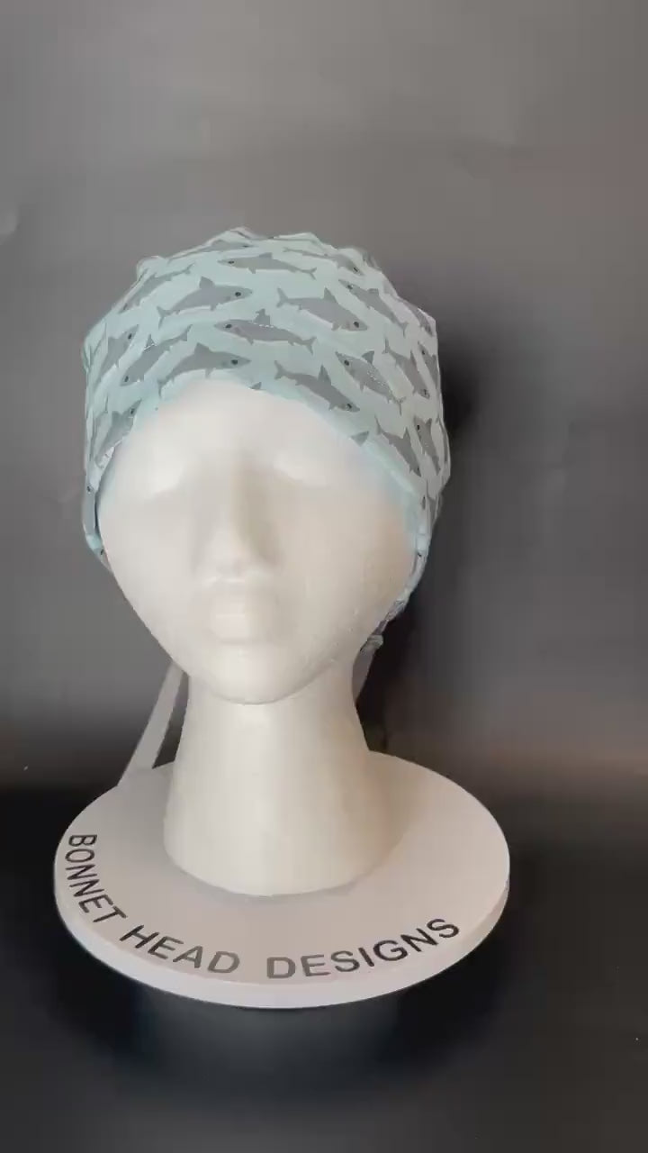 Shark Print Ponytail Scrub Cap- women’s scrub hat with ribbon ties and optional satin lining, nurses week gift