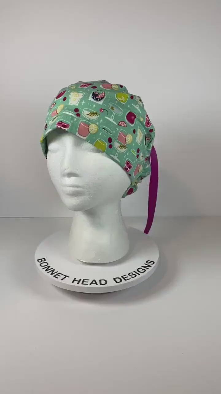 Mixed drinks scrub cap, scrub hat cocktails, happy hour scrub hat, Bonnet Head Designs