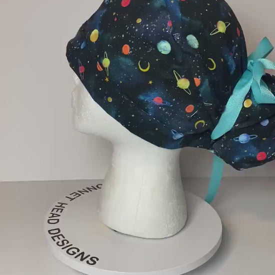 solar system scrub hat, planets scrub cap, outer space print ponytail scrub hat, space scrub cap, Bonnet Head Designs