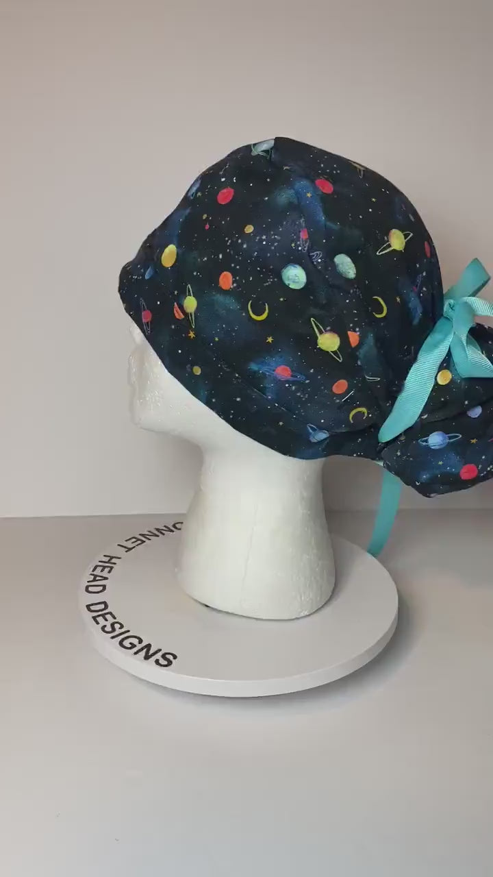 solar system scrub hat, planets scrub cap, outer space print ponytail scrub hat, space scrub cap, Bonnet Head Designs