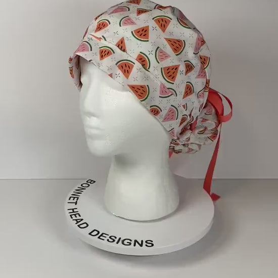 Watermelon print women’s scrub cap, watermelon scrub hat, Bonnet Head Designs