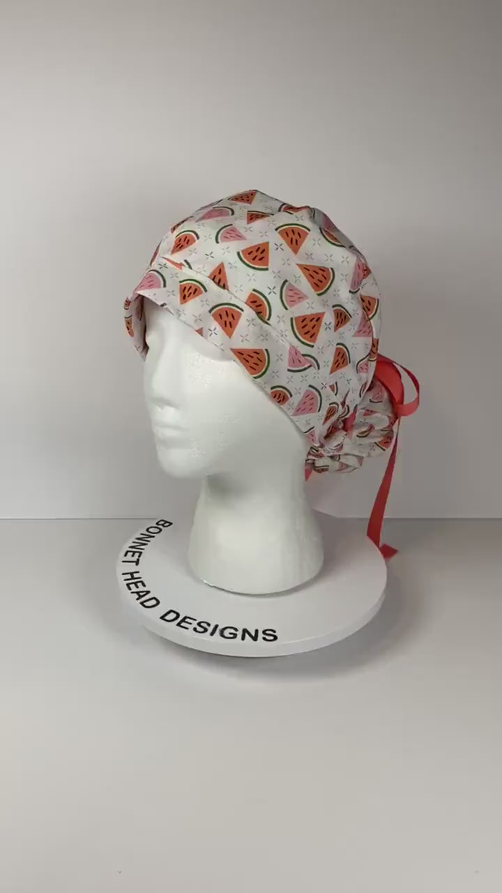 Watermelon print women’s scrub cap, watermelon scrub hat, Bonnet Head Designs