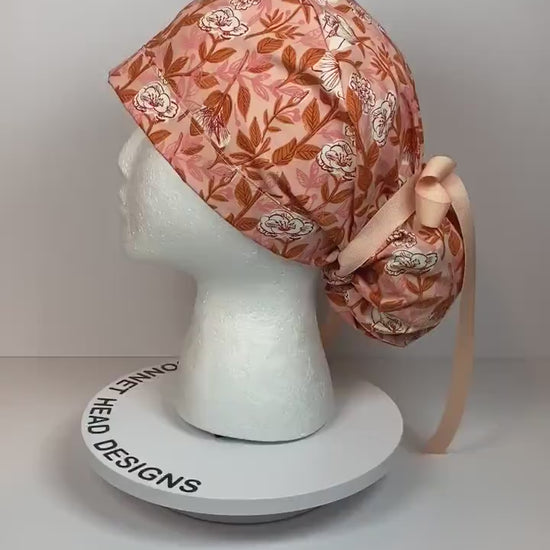 Peach floral ponytail scrub cap, womens peach scrub hat, Bonnet Head Designs