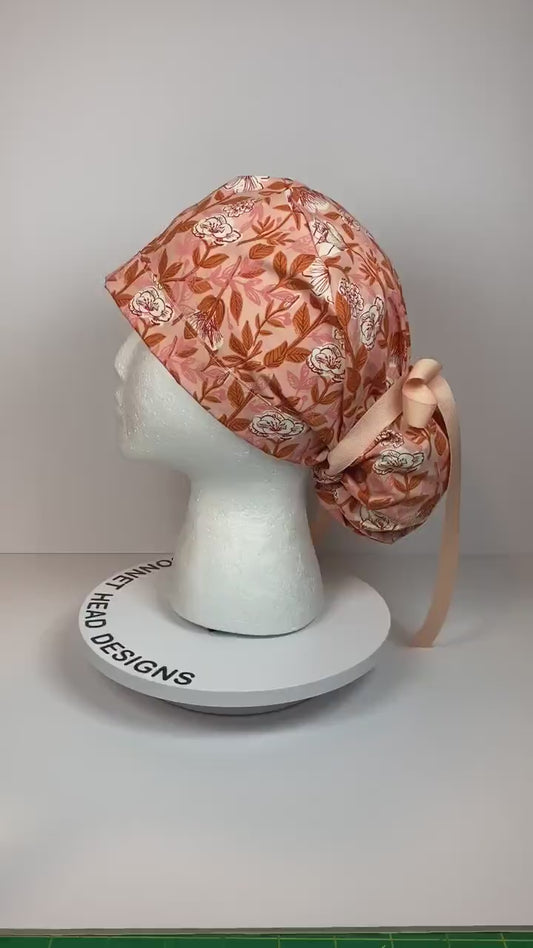 Peach floral ponytail scrub cap, womens peach scrub hat, Bonnet Head Designs