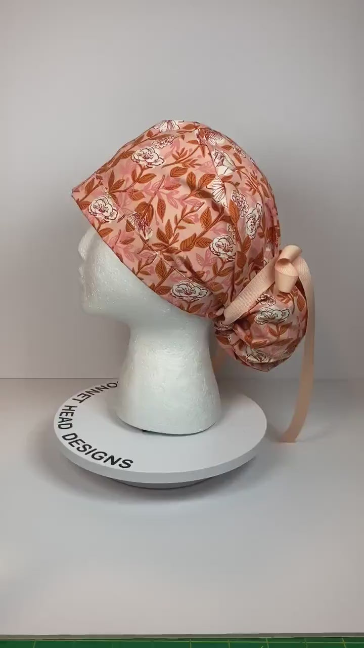 Peach floral ponytail scrub cap, womens peach scrub hat, Bonnet Head Designs