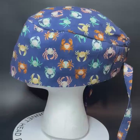 Scrub cap for men: summer crab print surgeon style with ties