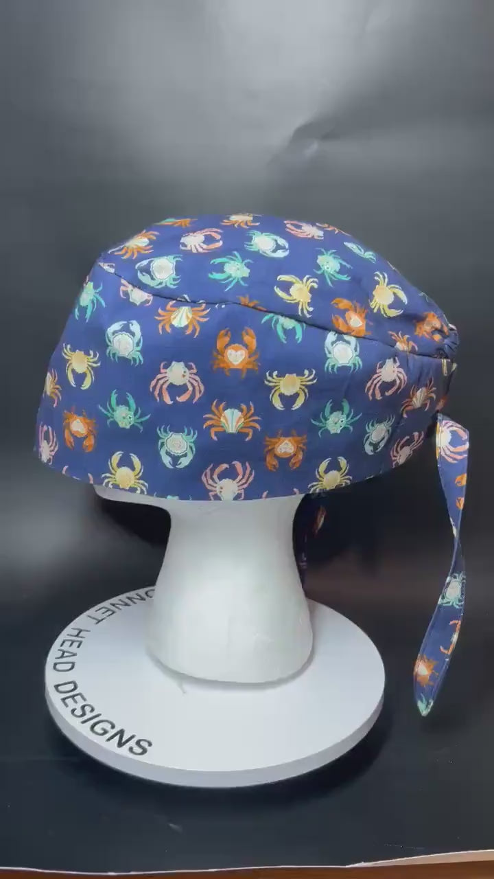 Scrub cap for men: summer crab print surgeon style with ties