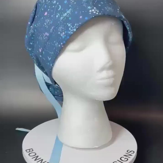 Stargazer Stella in Midnight unicorn stars ponytail scrub hat, women’s navy unicorns constellation star scrub cap