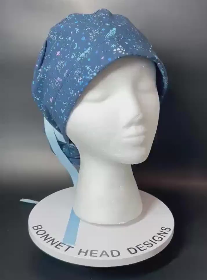Stargazer Stella in Midnight unicorn stars ponytail scrub hat, women’s navy unicorns constellation star scrub cap