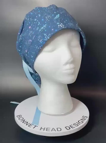 Stargazer Stella in Midnight unicorn stars ponytail scrub hat, women’s navy unicorns constellation star scrub cap