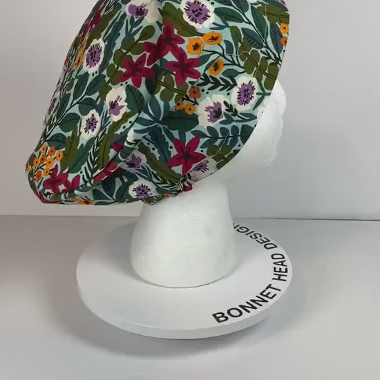 Mint floral euro style scrub cap, spring floral scrub cap, womens euro surgical hat floral, Bonnet Head Designs