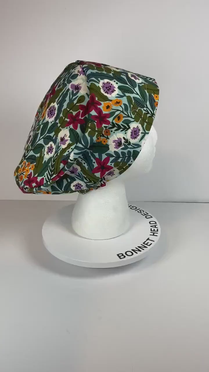 Mint floral euro style scrub cap, spring floral scrub cap, womens euro surgical hat floral, Bonnet Head Designs