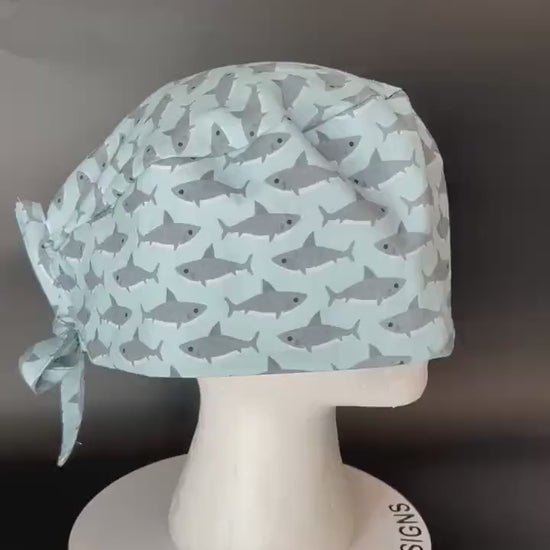 Men’s blue and gray shark print scrub cap: surgeon style with ties