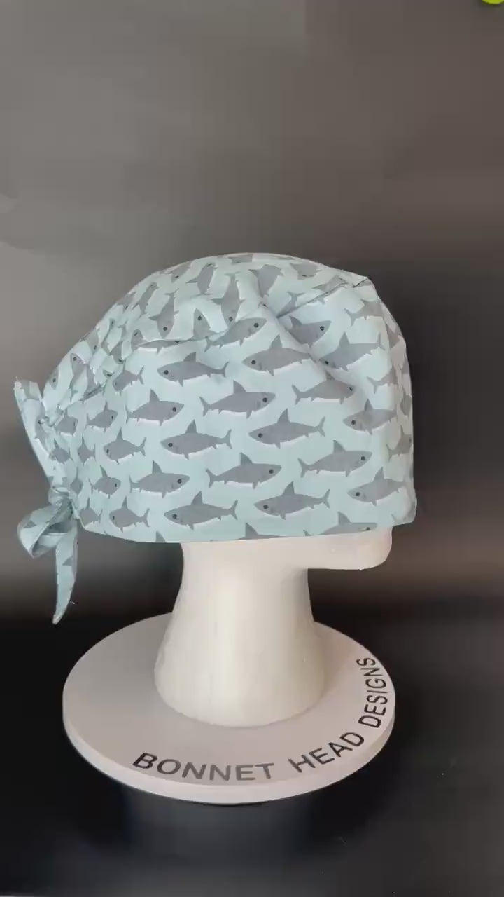 Men’s blue and gray shark print scrub cap: surgeon style with ties