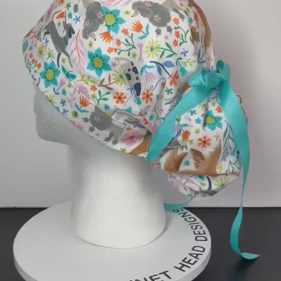 Ruff days spring dog print ponytail scrub cap, floral dog print premium ponytail scrub hat