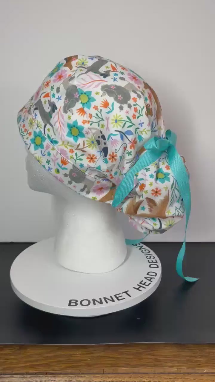 Ruff days spring dog print ponytail scrub cap, floral dog print premium ponytail scrub hat
