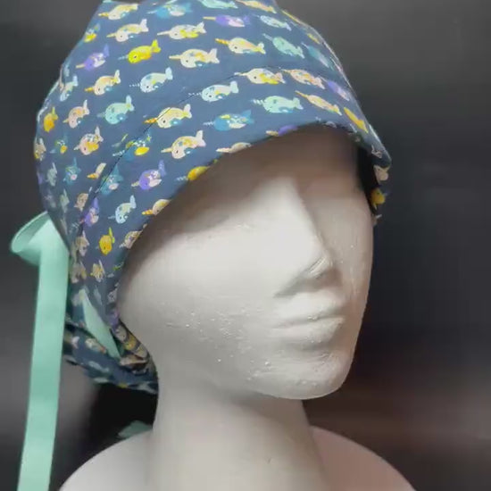 Mini narwhals Ponytail Scrub Cap- women’s scrub hat with optional satin lining