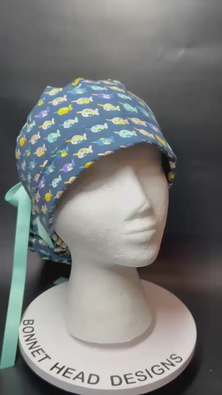 Mini narwhals Ponytail Scrub Cap- women’s scrub hat with optional satin lining
