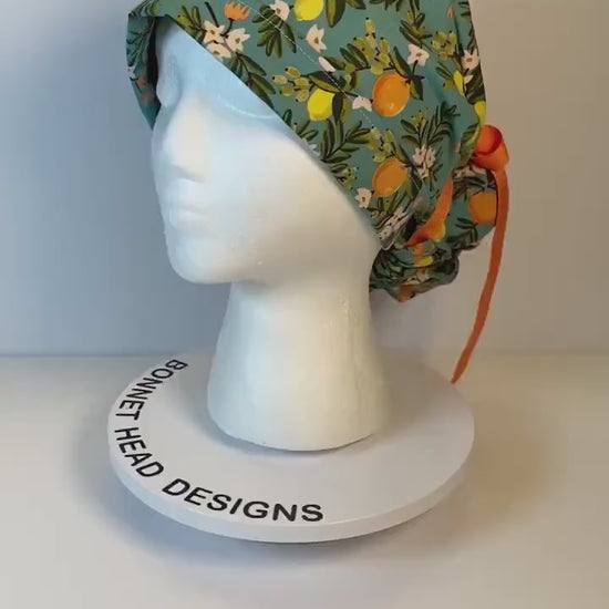 Teal citrus floral ponytail scrub hat, citrus floral scrub cap, Bonnet Head Designs