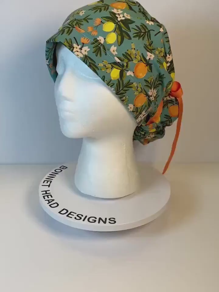 Teal citrus floral ponytail scrub hat, citrus floral scrub cap, Bonnet Head Designs