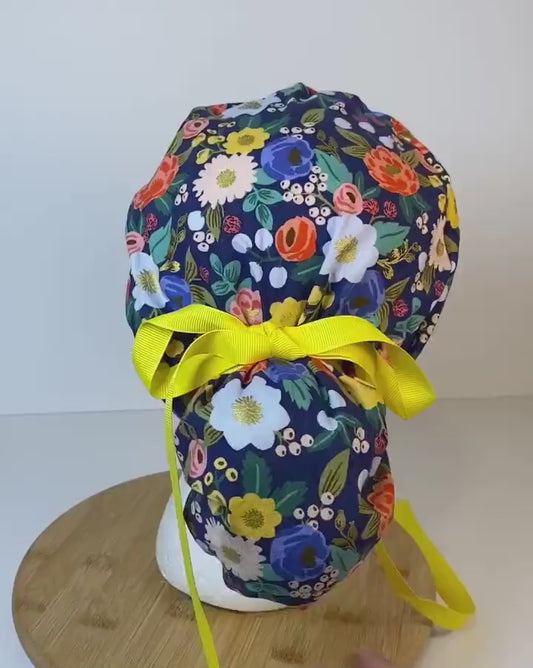 Rifle Paper Co fabric Navy blue vintage garden floral scrub cap, navy floral women’s scrub cap, Bonnet Head Designs