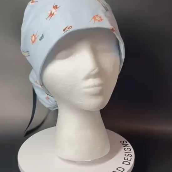 Float Away Sunshine Story ponytail scrub cap, blue summer swim print adjustable pocket ponytail scrub hat