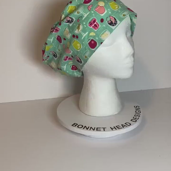 Mixed drinks and cocktails euro style scrub hat, happy hour scrub hat, Bonnet Head Designs