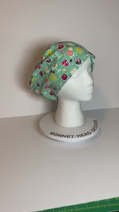 Mixed drinks and cocktails euro style scrub hat, happy hour scrub hat, Bonnet Head Designs