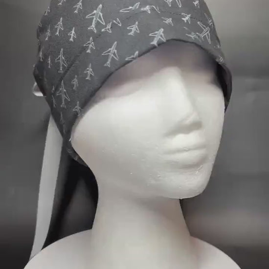 Airplane Print women's ponytail scrub cap with satin lining option