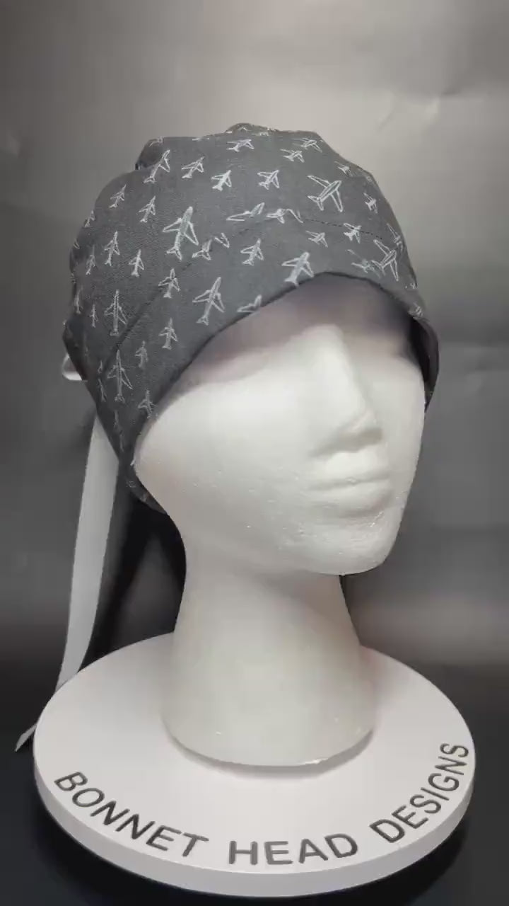 Airplane Print women's ponytail scrub cap with satin lining option