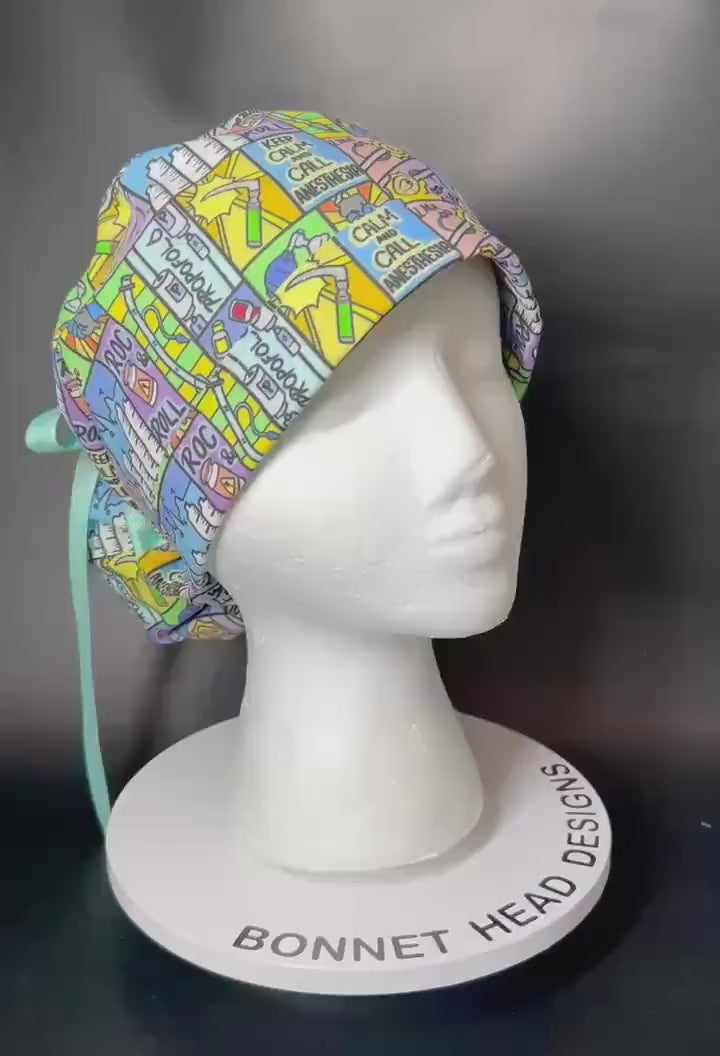 Keep calm and call anesthesia women’s ponytail scrub hat, ponytail scrub hat in anesthesia fabric, gift for doctor or CRNA